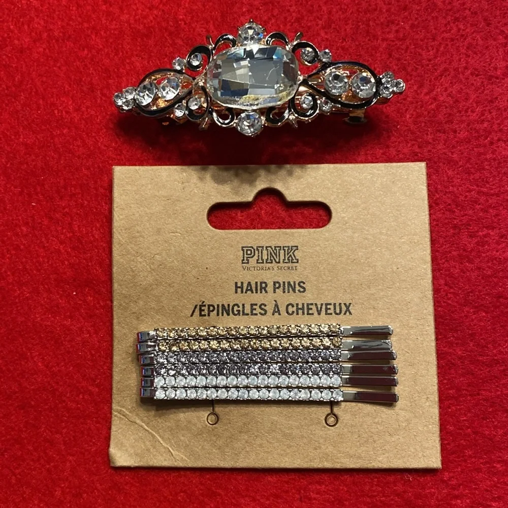 Pink Victoria's Secret rhinestone bobby pins and rhinestone barrette